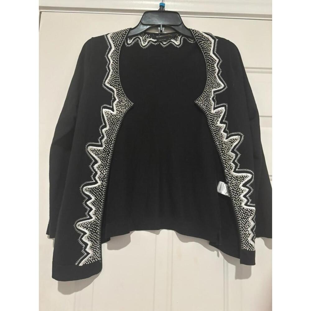 Women's sz M BCBG Maxazria black sequin and beaded cardigan sweater #1227